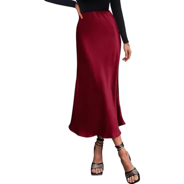 imageBTFBM 2023 Womens Long Satin Summer Fall Skirt Silk Elegant High Waist Cocktail Party Wedding Flared ALine Midi SkirtsSolid Wine Red