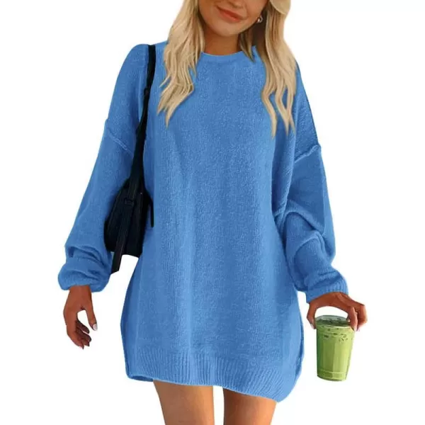 imageBTFBM 2023 Womens Sweaters Casual Crewneck Long Sleeve Oversized Sweater Dress Fall Winter Loose Slouchy Soft PulloverSolid Blue