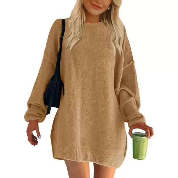 imageBTFBM 2023 Womens Sweaters Casual Crewneck Long Sleeve Oversized Sweater Dress Fall Winter Loose Slouchy Soft PulloverSolid Khaki