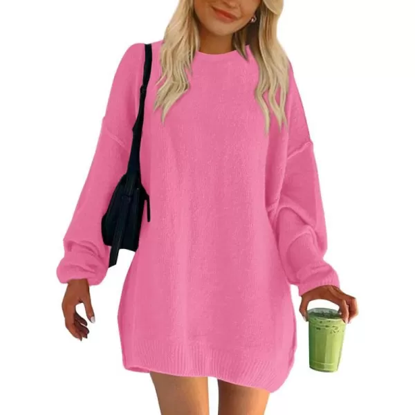 imageBTFBM 2023 Womens Sweaters Casual Crewneck Long Sleeve Oversized Sweater Dress Fall Winter Loose Slouchy Soft PulloverSolid Rose Pink