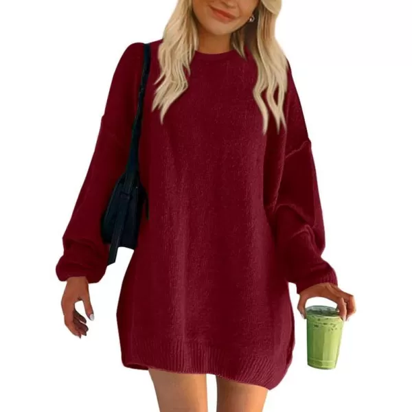 imageBTFBM 2023 Womens Sweaters Casual Crewneck Long Sleeve Oversized Sweater Dress Fall Winter Loose Slouchy Soft PulloverSolid Wine Red