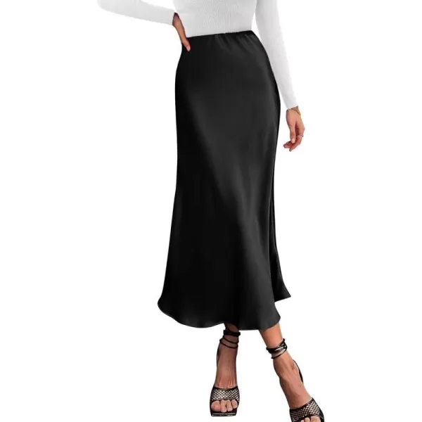 imageBTFBM 2024 Women Long Satin Summer Spring Skirt Silk Elegant High Waist Cocktail Party Wedding Flared ALine Midi SkirtsSolid Black