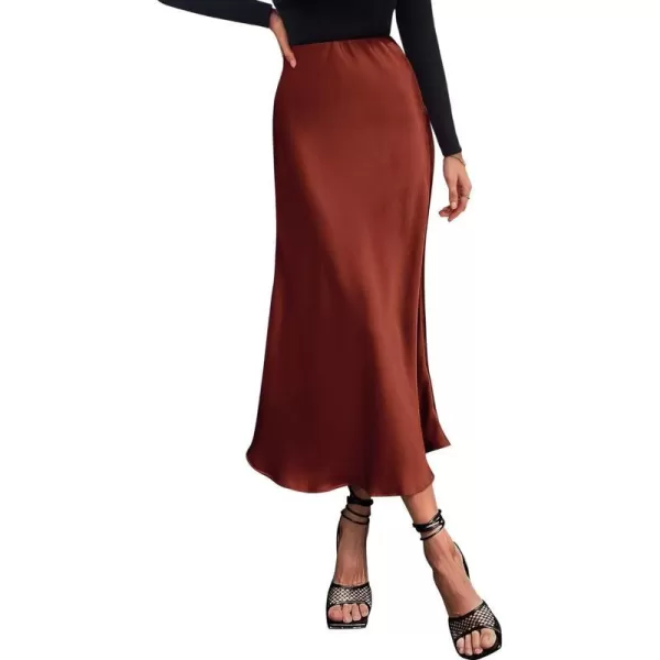 imageBTFBM 2024 Women Long Satin Summer Spring Skirt Silk Elegant High Waist Cocktail Party Wedding Flared ALine Midi SkirtsSolid Brown