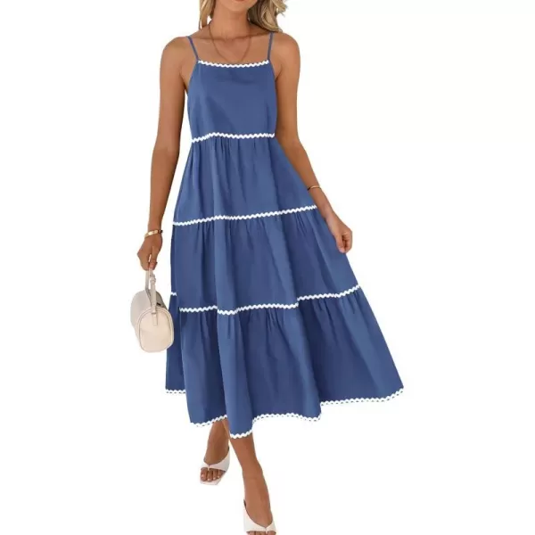 imageBTFBM Boho Summer Dresses 2024 Vacation Spaghetti Strap Backless RIC Rac Trim Tiered ALine Long Casual Swing SundressSolid Dark Blue