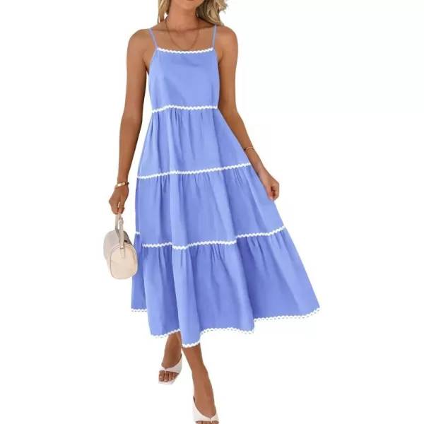 imageBTFBM Boho Summer Dresses 2024 Vacation Spaghetti Strap Backless RIC Rac Trim Tiered ALine Long Casual Swing SundressSolid Sky Blue