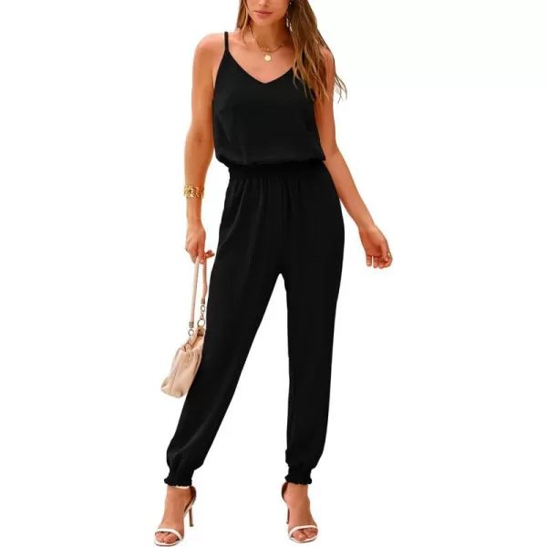 imageBTFBM Jumpsuits For Women Summer Casual Sleeveless Spaghetti Strap Long Pants Rompers Elastic Waist One Piece JumpsuitSolid Black