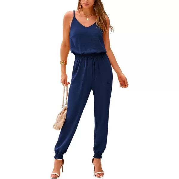 imageBTFBM Jumpsuits For Women Summer Casual Sleeveless Spaghetti Strap Long Pants Rompers Elastic Waist One Piece JumpsuitSolid Dark Blue