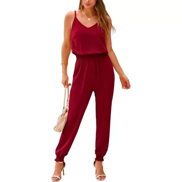 imageBTFBM Jumpsuits For Women Summer Casual Sleeveless Spaghetti Strap Long Pants Rompers Elastic Waist One Piece JumpsuitSolid Wine Red