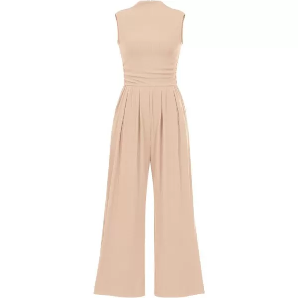 imageBTFBM One Piece Jumpsuits For Women Dressy Casual Summer Outfits Sleeveless Mock Neck Wide Leg Pants Rompers With PocketSolid Beige
