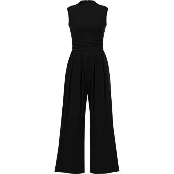 imageBTFBM One Piece Jumpsuits For Women Dressy Casual Summer Outfits Sleeveless Mock Neck Wide Leg Pants Rompers With PocketSolid Black