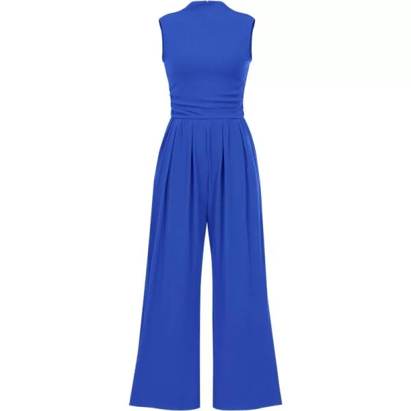 imageBTFBM One Piece Jumpsuits For Women Dressy Casual Summer Outfits Sleeveless Mock Neck Wide Leg Pants Rompers With PocketSolid Blue