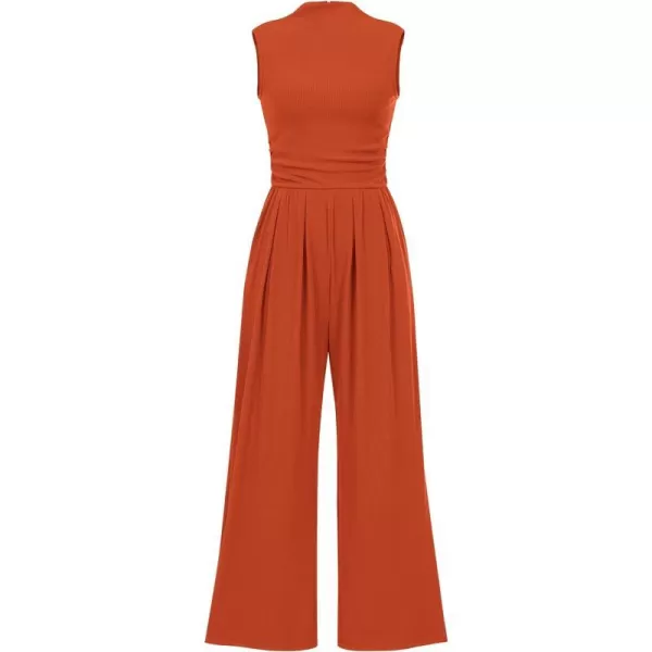 imageBTFBM One Piece Jumpsuits For Women Dressy Casual Summer Outfits Sleeveless Mock Neck Wide Leg Pants Rompers With PocketSolid Brick Red