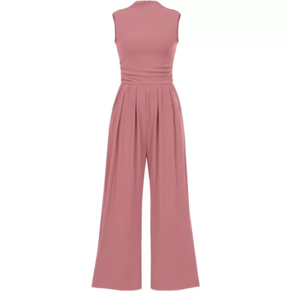 imageBTFBM One Piece Jumpsuits For Women Dressy Casual Summer Outfits Sleeveless Mock Neck Wide Leg Pants Rompers With PocketSolid Dusty Pink