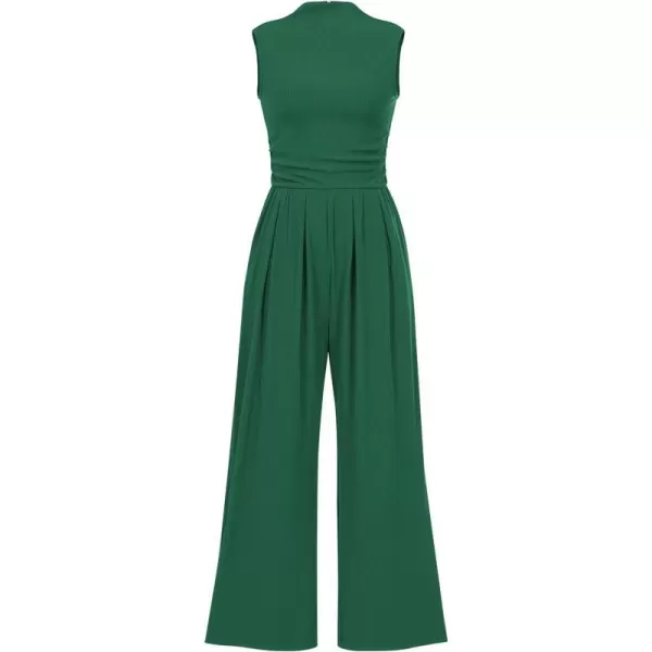 imageBTFBM One Piece Jumpsuits For Women Dressy Casual Summer Outfits Sleeveless Mock Neck Wide Leg Pants Rompers With PocketSolid Green