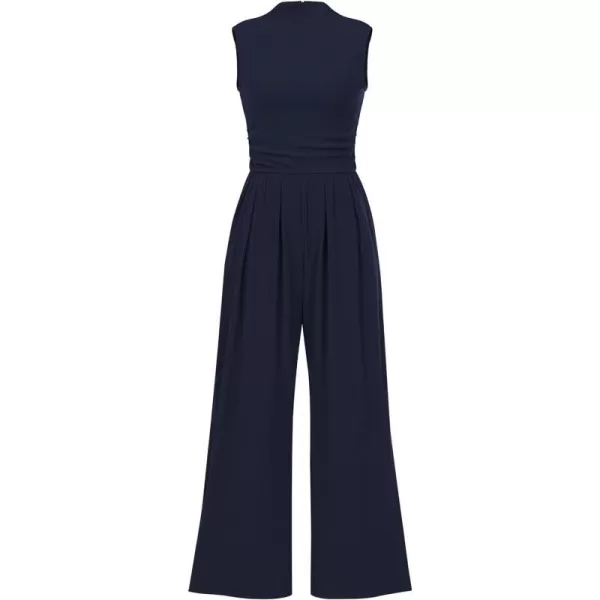 imageBTFBM One Piece Jumpsuits For Women Dressy Casual Summer Outfits Sleeveless Mock Neck Wide Leg Pants Rompers With PocketSolid Navy