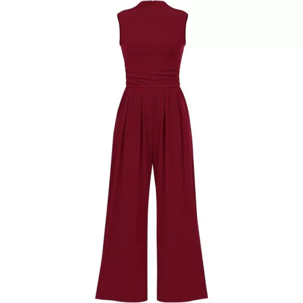 imageBTFBM One Piece Jumpsuits For Women Dressy Casual Summer Outfits Sleeveless Mock Neck Wide Leg Pants Rompers With PocketSolid Wine Red