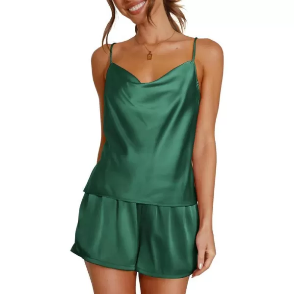 imageBTFBM Silk Pajamas Set For Women Soft Comfy Cami And Shorts 2 Piece Pj Set Sexy Satin Nightwear Sleepwear With PocketSolid Dark Green
