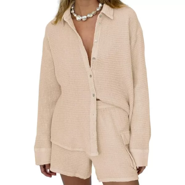 imageBTFBM Women 2 Piece Lounge Sets Button Down Shirt And Elastic Waist Shorts Casual Waffle Knit Fall Outfits with PocketSolid Beige