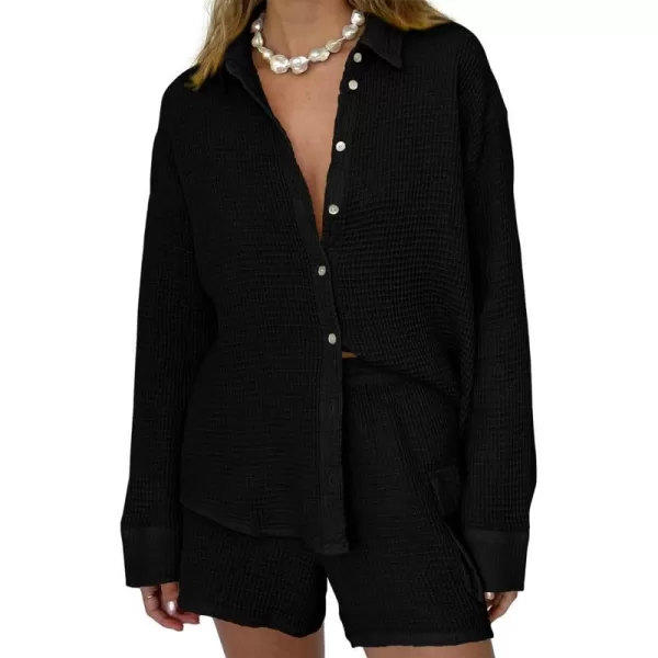 imageBTFBM Women 2 Piece Lounge Sets Button Down Shirt And Elastic Waist Shorts Casual Waffle Knit Fall Outfits with PocketSolid Black