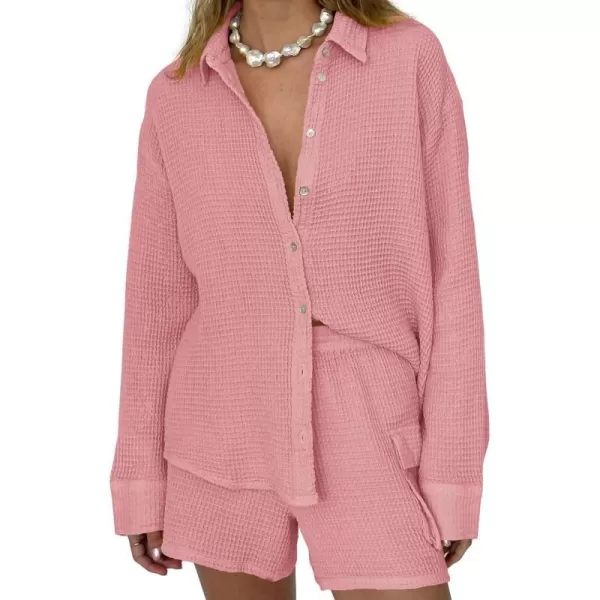 imageBTFBM Women 2 Piece Lounge Sets Button Down Shirt And Elastic Waist Shorts Casual Waffle Knit Fall Outfits with PocketSolid Pink