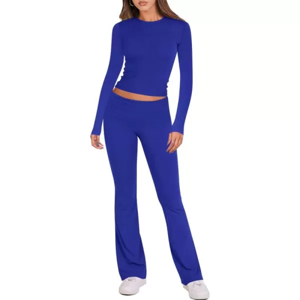 imageBTFBM Women 2 Piece Lounge Sets Fold Over Yoga Pants Long Sleeve Cropped Top Matching Set Two Piece Tracksuit PajamasSolid Brilliant Blue