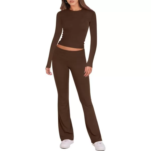 imageBTFBM Women 2 Piece Lounge Sets Fold Over Yoga Pants Long Sleeve Cropped Top Matching Set Two Piece Tracksuit PajamasSolid Coffee