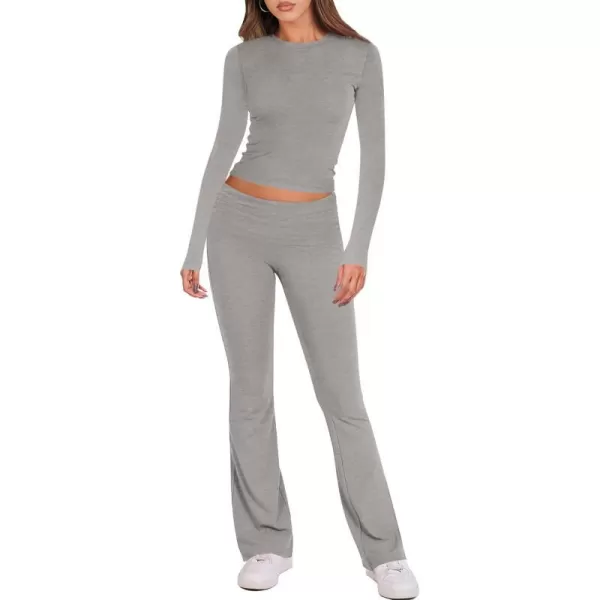 imageBTFBM Women 2 Piece Lounge Sets Fold Over Yoga Pants Long Sleeve Cropped Top Matching Set Two Piece Tracksuit PajamasSolid Grey