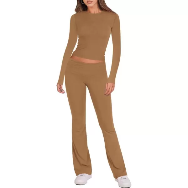 imageBTFBM Women 2 Piece Lounge Sets Fold Over Yoga Pants Long Sleeve Cropped Top Matching Set Two Piece Tracksuit PajamasSolid Khaki