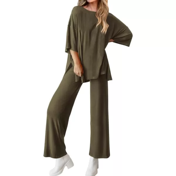 imageBTFBM Women 2 Piece Outfits Casual Loose Slit Short Sleeve Top Wide Leg Pants Matching Lounge Sets Tracksuit With PocketSolid Army Green