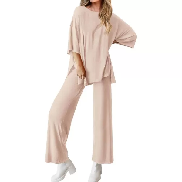 imageBTFBM Women 2 Piece Outfits Casual Loose Slit Short Sleeve Top Wide Leg Pants Matching Lounge Sets Tracksuit With PocketSolid Beige
