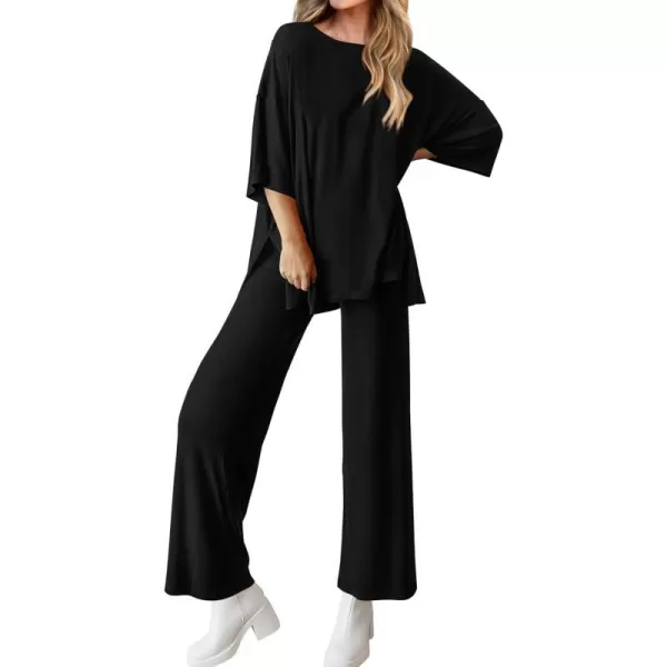 imageBTFBM Women 2 Piece Outfits Casual Loose Slit Short Sleeve Top Wide Leg Pants Matching Lounge Sets Tracksuit With PocketSolid Black