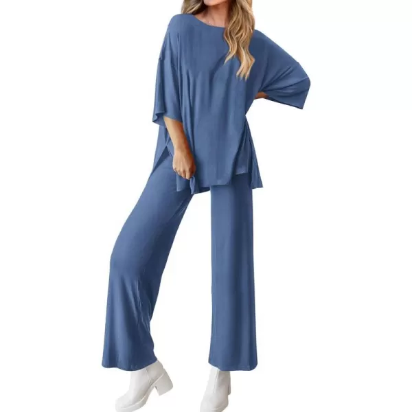 imageBTFBM Women 2 Piece Outfits Casual Loose Slit Short Sleeve Top Wide Leg Pants Matching Lounge Sets Tracksuit With PocketSolid Blue