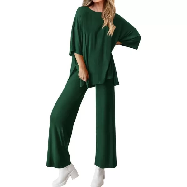 imageBTFBM Women 2 Piece Outfits Casual Loose Slit Short Sleeve Top Wide Leg Pants Matching Lounge Sets Tracksuit With PocketSolid Dark Green