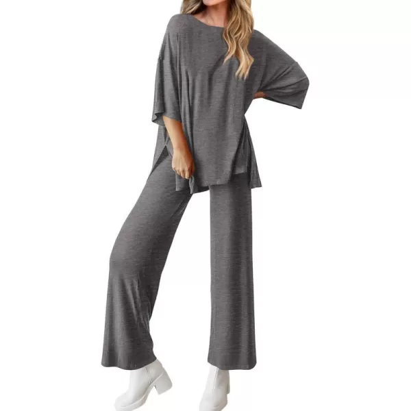 imageBTFBM Women 2 Piece Outfits Casual Loose Slit Short Sleeve Top Wide Leg Pants Matching Lounge Sets Tracksuit With PocketSolid Dark Grey