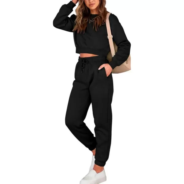 imageBTFBM Women 2 Piece Outfits Long Sleeve Crop Top Pullover Drawstring Pant Jogger Set Casual Sweatsuits Tracksuit PocketsSolid Black