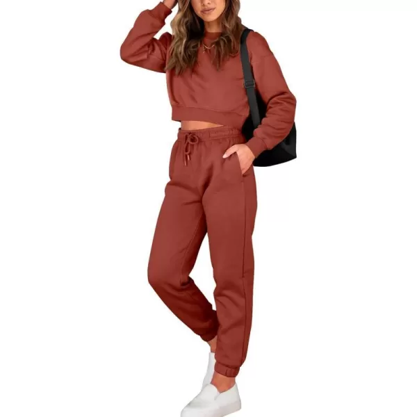 imageBTFBM Women 2 Piece Outfits Long Sleeve Crop Top Pullover Drawstring Pant Jogger Set Casual Sweatsuits Tracksuit PocketsSolid Brick Red