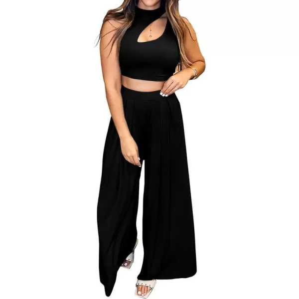 imageBTFBM Women 2 Piece Outfits Spring Summer Tracksuits Mock Neck Sleeveless Cutout Crop Top Wide Leg Long Pants SweatsuitsSolid Black