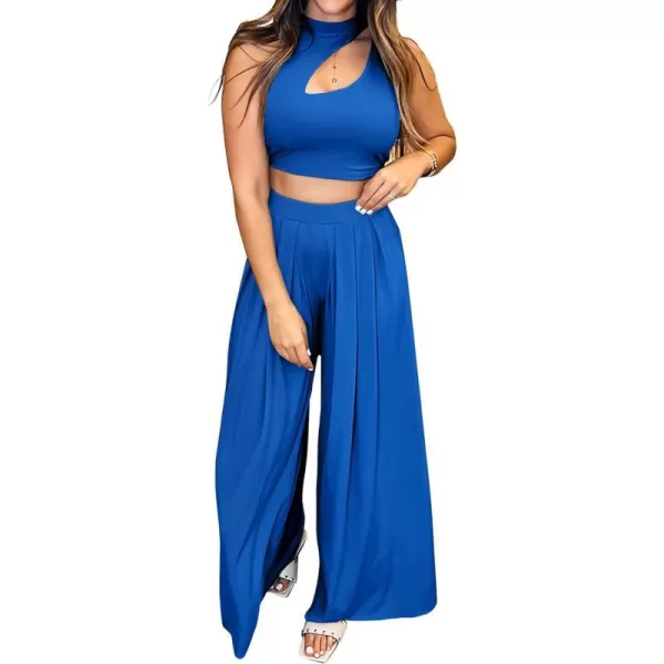 imageBTFBM Women 2 Piece Outfits Spring Summer Tracksuits Mock Neck Sleeveless Cutout Crop Top Wide Leg Long Pants SweatsuitsSolid Blue