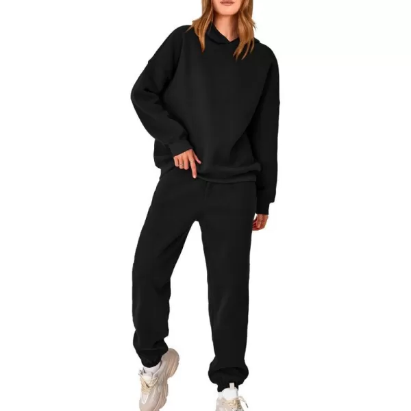 imageBTFBM Women 2 Piece Sweatsuits Long Sleeve Hooded Pullover Jogger Pants Fall Winter Casual Loose Lounge Sets TracksuitSolid Black