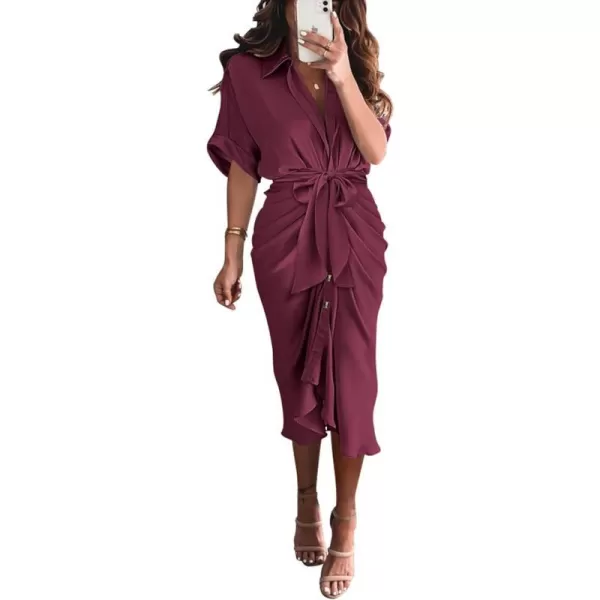 imageBTFBM Women 2023 Button Down Ruched Shirt Dresses Short Sleeve Lapel V Neck Elegant Party Spring Summer Maxi Satin DressShort Sleeve Purple Red