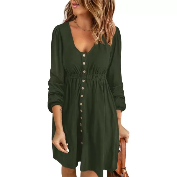 imageBTFBM Women 2023 Casual Button Down Summer Fall Dresses Long Sleeve Crew Neck Solid High Waist Short Tunic Mini DressLong Buttons Army Green