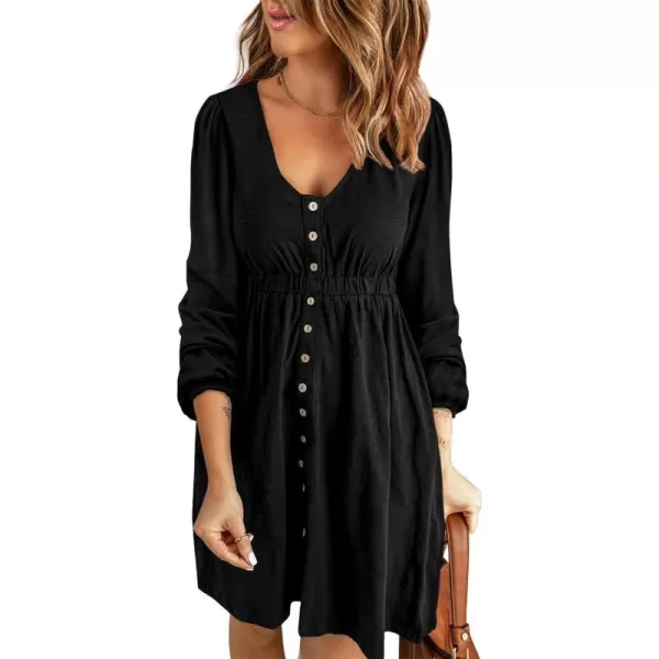imageBTFBM Women 2023 Casual Button Down Summer Fall Dresses Long Sleeve Crew Neck Solid High Waist Short Tunic Mini DressLong Buttons Black