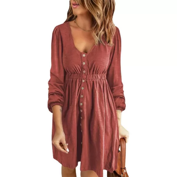 imageBTFBM Women 2023 Casual Button Down Summer Fall Dresses Long Sleeve Crew Neck Solid High Waist Short Tunic Mini DressLong Buttons Brick Red