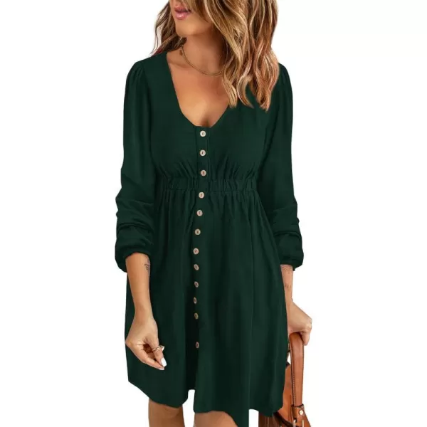 imageBTFBM Women 2023 Casual Button Down Summer Fall Dresses Long Sleeve Crew Neck Solid High Waist Short Tunic Mini DressLong Buttons Dark Green