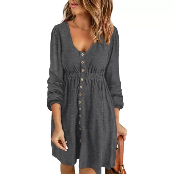 imageBTFBM Women 2023 Casual Button Down Summer Fall Dresses Long Sleeve Crew Neck Solid High Waist Short Tunic Mini DressLong Buttons Dark Grey