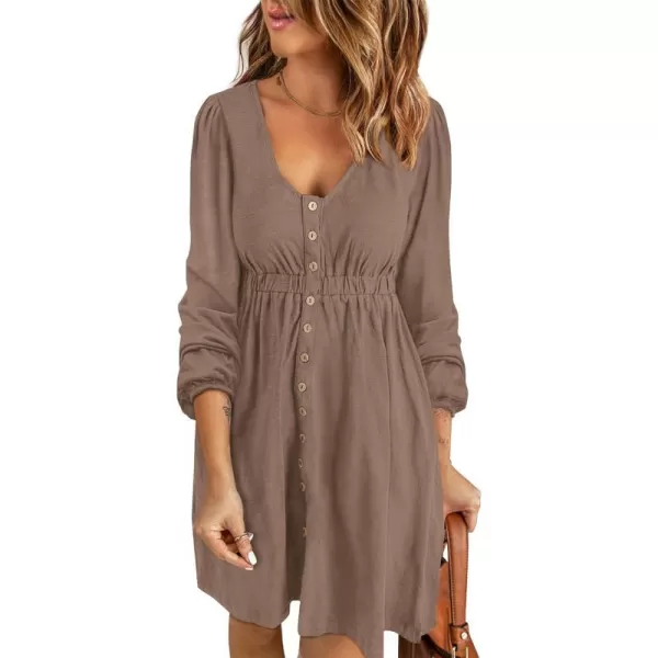 imageBTFBM Women 2023 Casual Button Down Summer Fall Dresses Long Sleeve Crew Neck Solid High Waist Short Tunic Mini DressLong Buttons Dark Khaki