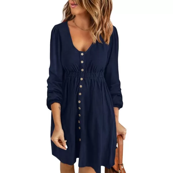imageBTFBM Women 2023 Casual Button Down Summer Fall Dresses Long Sleeve Crew Neck Solid High Waist Short Tunic Mini DressLong Buttons Navy