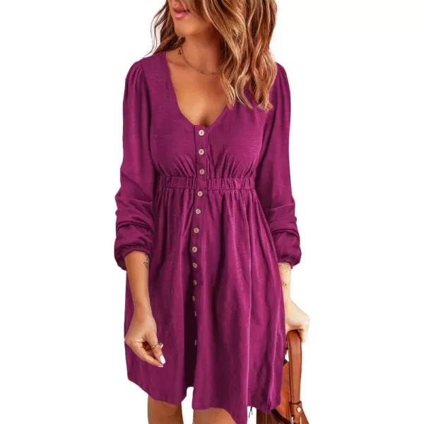 imageBTFBM Women 2023 Casual Button Down Summer Fall Dresses Long Sleeve Crew Neck Solid High Waist Short Tunic Mini DressLong Buttons Purple Red