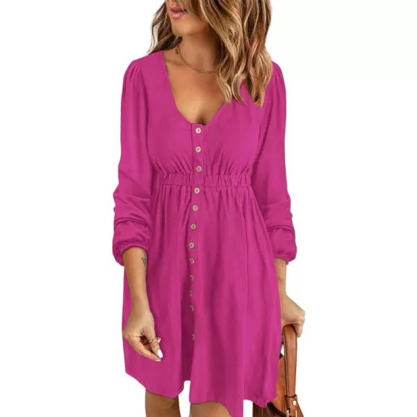 imageBTFBM Women 2023 Casual Button Down Summer Fall Dresses Long Sleeve Crew Neck Solid High Waist Short Tunic Mini DressLong Buttons Rose Red