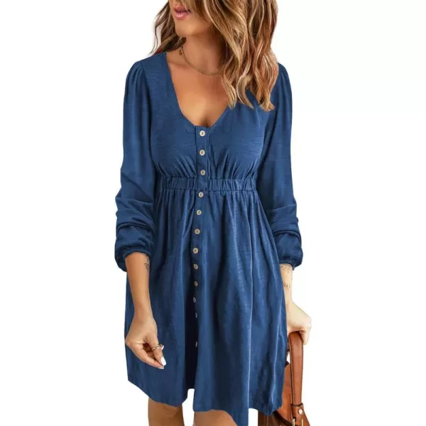 imageBTFBM Women 2023 Casual Button Down Summer Fall Dresses Long Sleeve Crew Neck Solid High Waist Short Tunic Mini DressLong Buttons Royal Blue